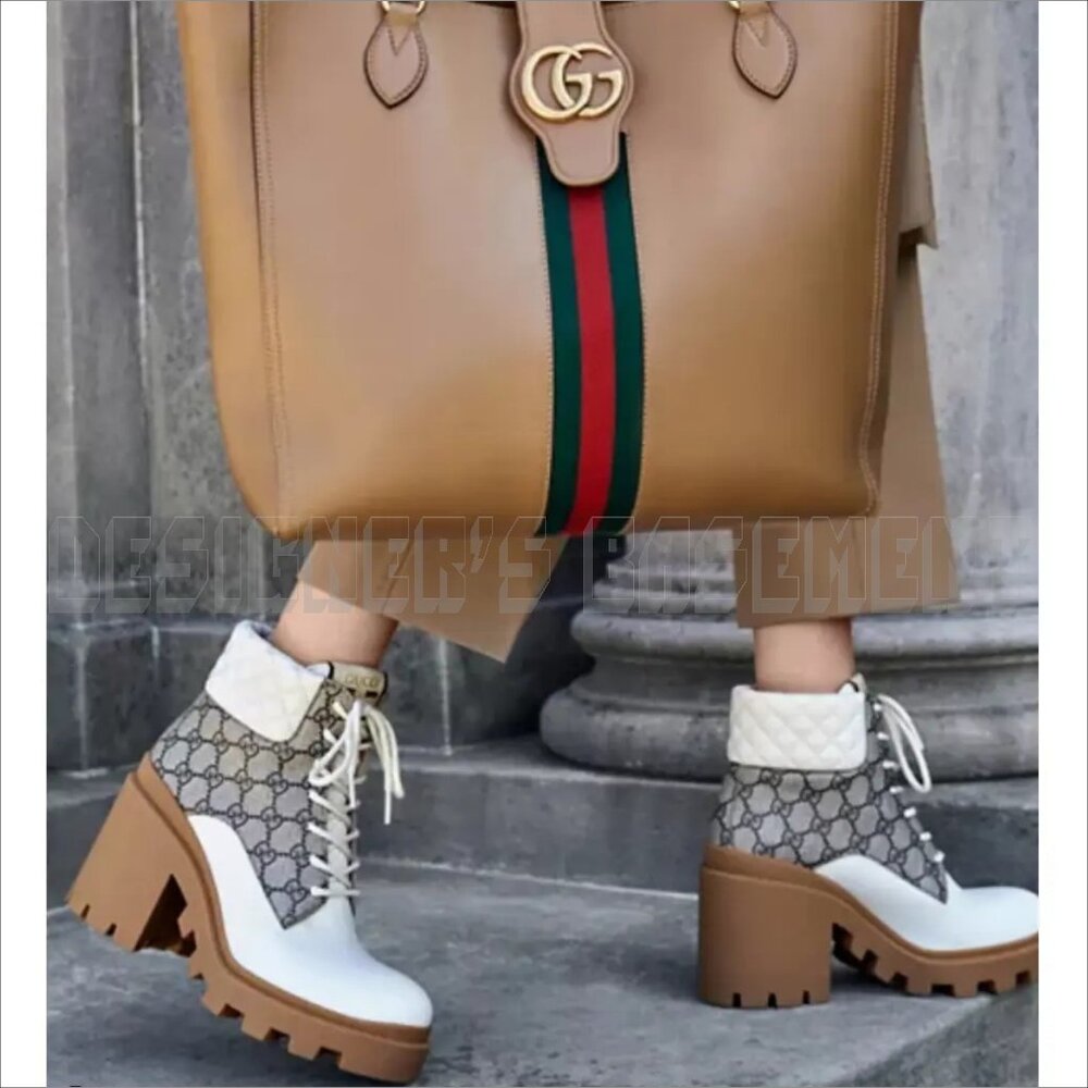 GUCCI 40 beige GG canvas quilted Leather TRIP logo platform Combat ankle Booties - Picture 3 of 14